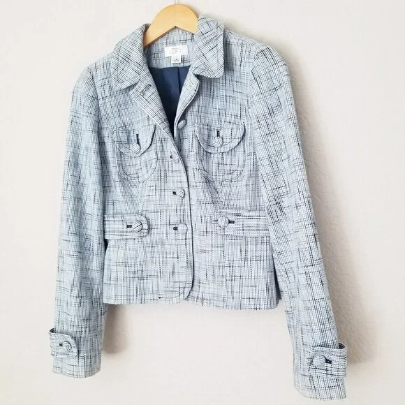 LOFT Ann Taylor Light Blue Tweed 100% Cotton Blazer Jacket 4 Preppy Office Boho - Picture 3 of 15
